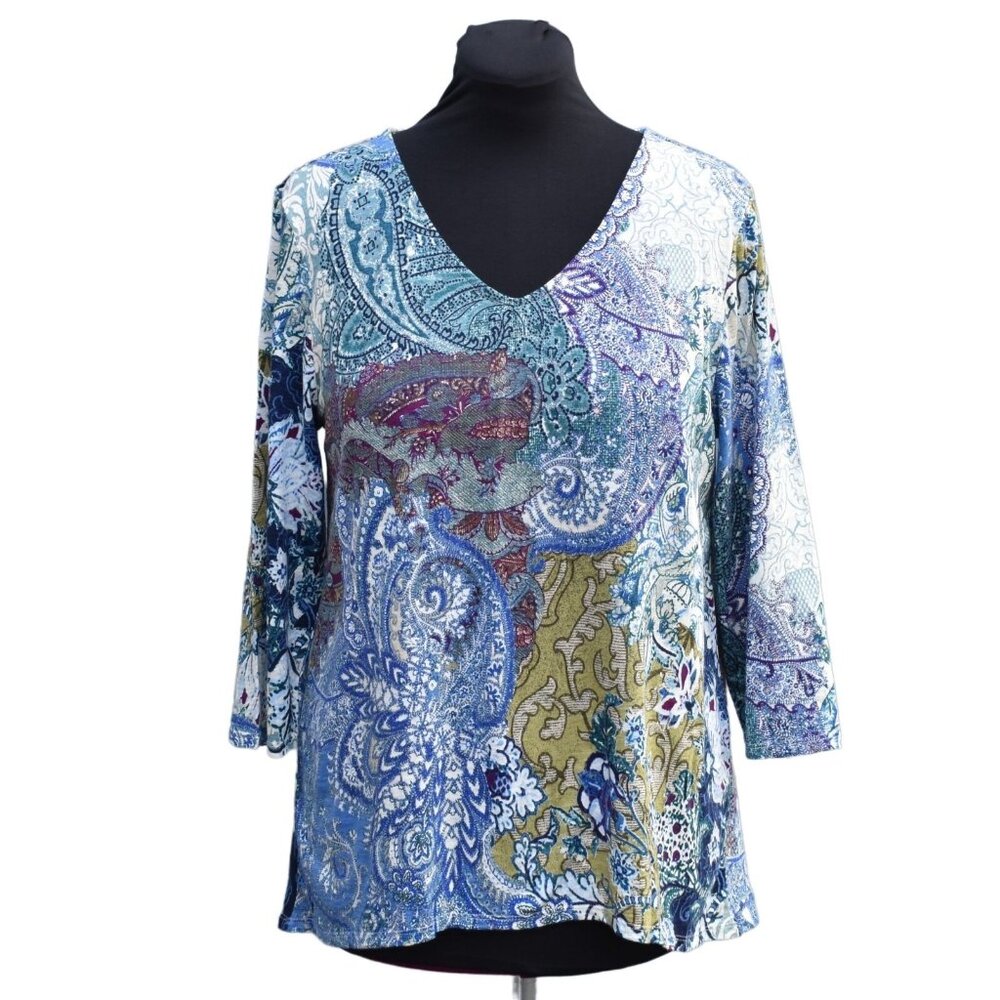 Chicos Easy Tee T Shirt Womens 12 14 Desert Paisley V Neck Hi Low 3/4 Sleeve 2